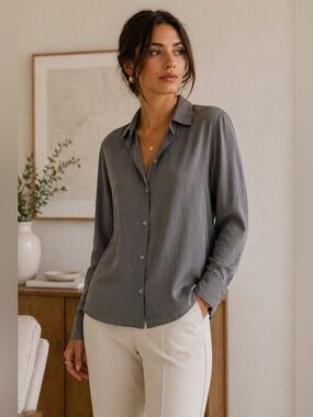 Quince Gray Silk-Look Button Front Blouse Medium Minimalist Chic